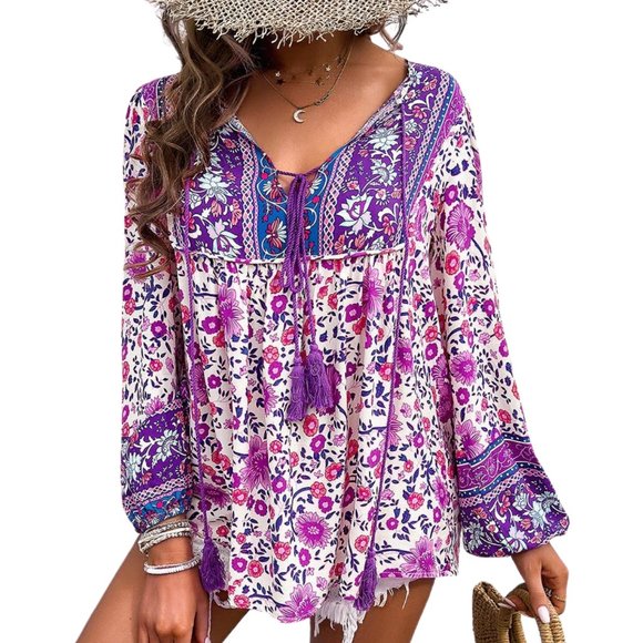 Floral Boho Top Long Sl Blouse Print Cross Deep V S-XL Beautiful Blue Purple - Picture 3 of 4